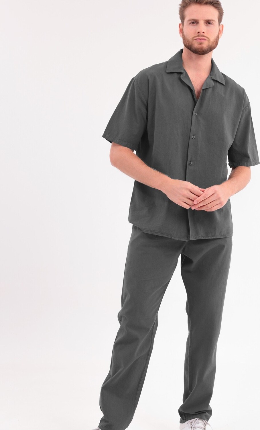 Blayn Jeans Erkek Haki Keten Takım Oversize Gömlek & Pantolon 2'li Set Bağcıklı Rahat Yazlık Kombin görsel 2