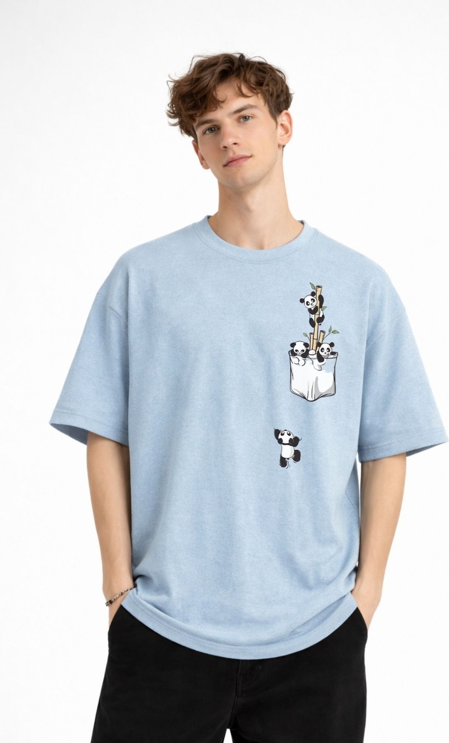 TeknoKapsül Panda - Baskılı Oversize Tişört Açık Mavi