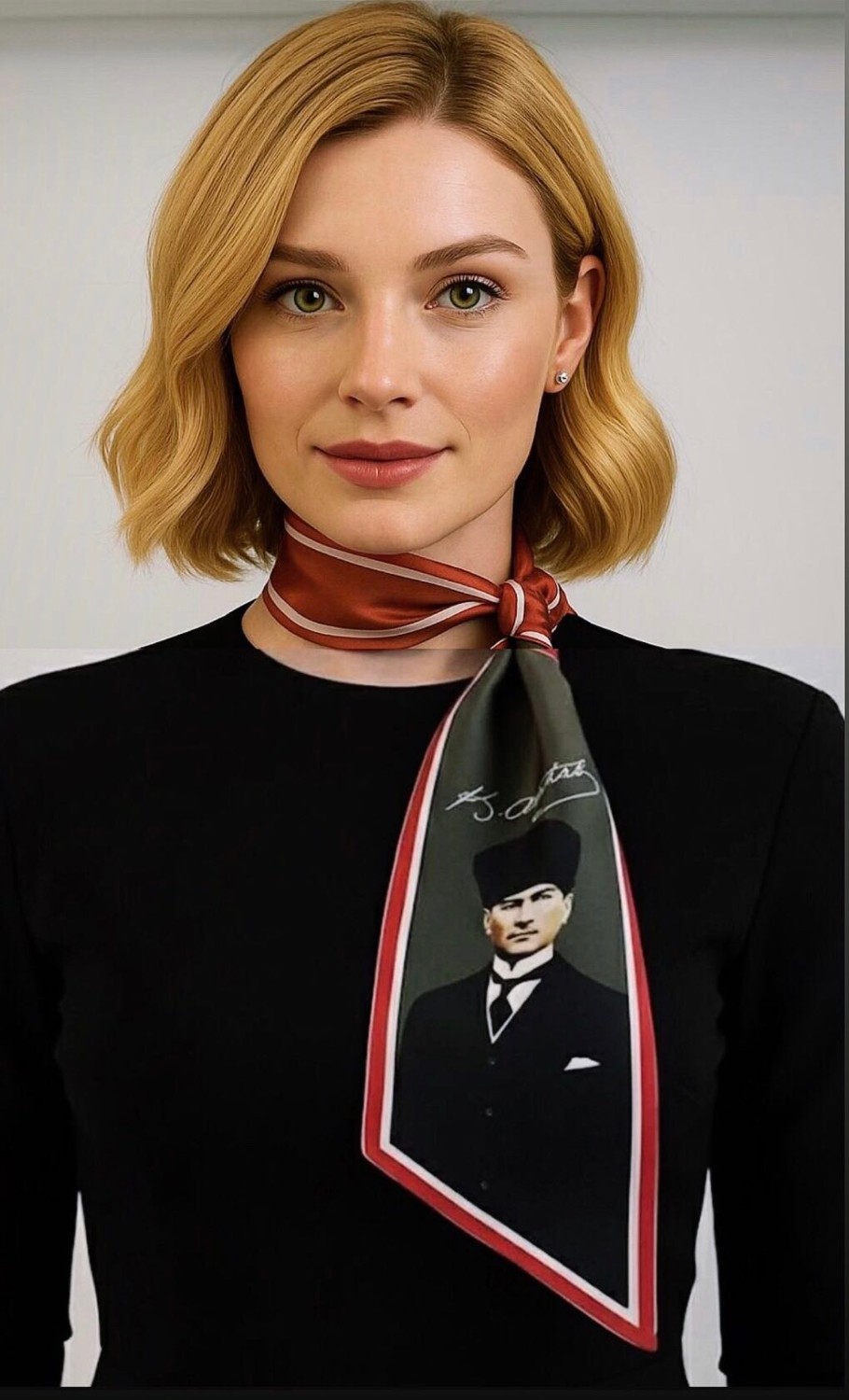 Mavi Masal Atatürk Fotoğraflı ve Imzalı Türk Bayraklı Kravat / Eşarp / Fular