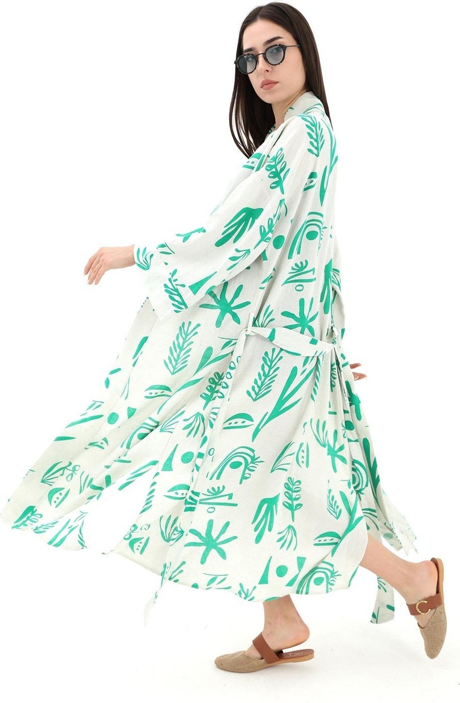 Isawella Baskılı Keten Kimono - Yeşil görsel 3