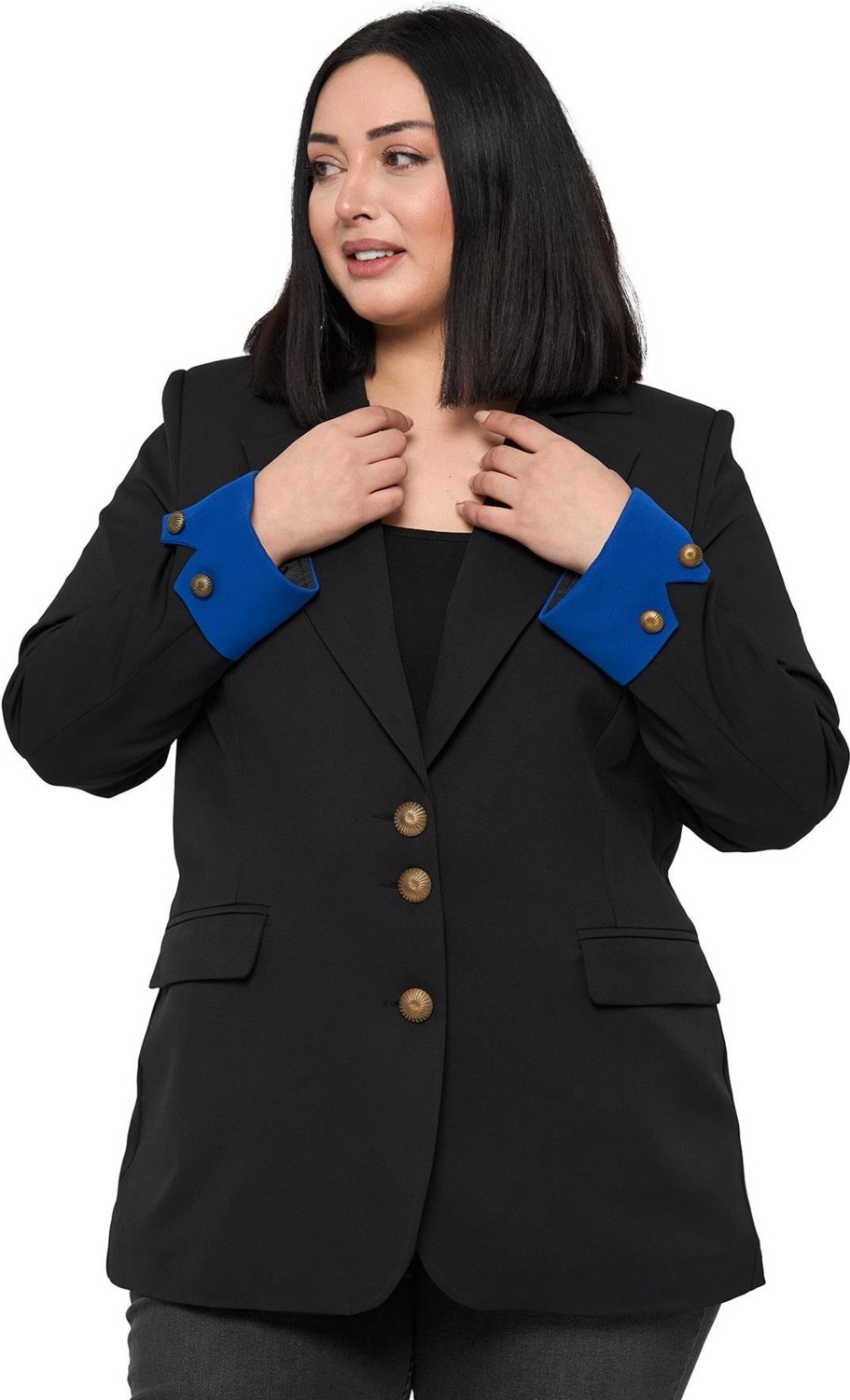 Disentis Modest Büyük Beden Manşeti Kumaş Garnili Düğme Detaylı Astarlı Siyah Saks Mavi Blazer Ceket görsel 4