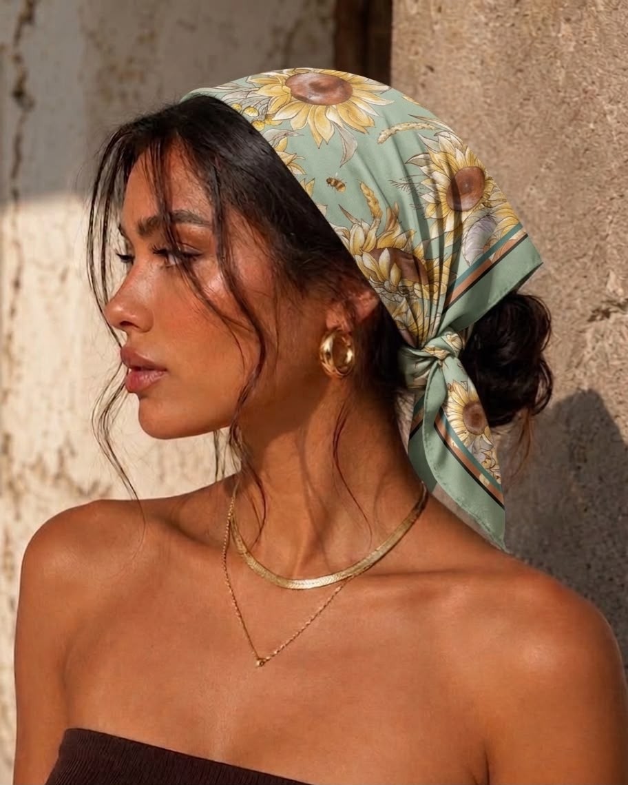 Revam Collection Ayçiçek Desenli Fular Bandana Şal Çok Renkli Saten Pamuk Malzeme ile Günlük Kullanım İçin