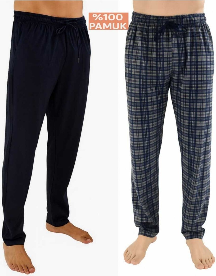 Düven Erkek Pamuklu Antrasit Ekose & Lacivert 2'li Tek Alt Pijama - Mevsimlik Pijama Altı görsel 7