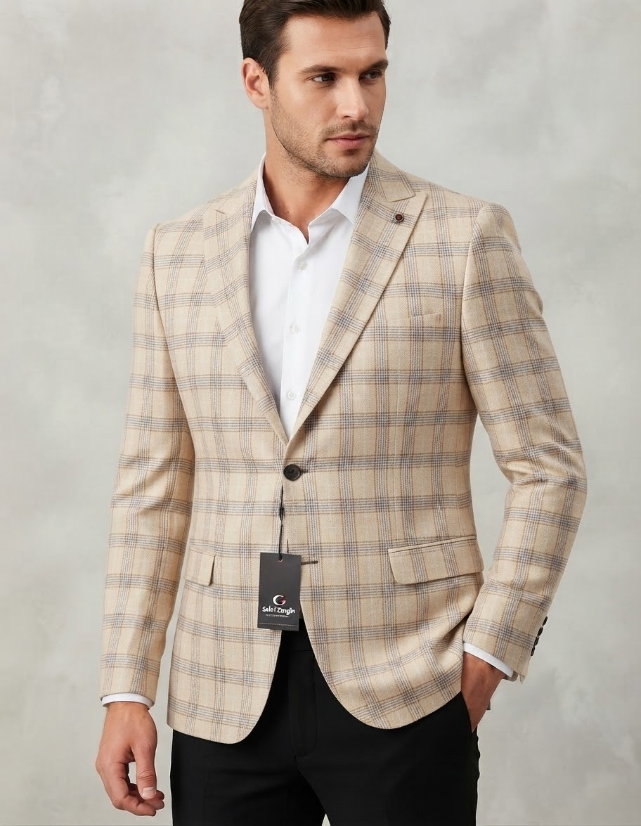 Sabri Zengin Erkek Slim Fit Kare Desenli Blazer Ceket