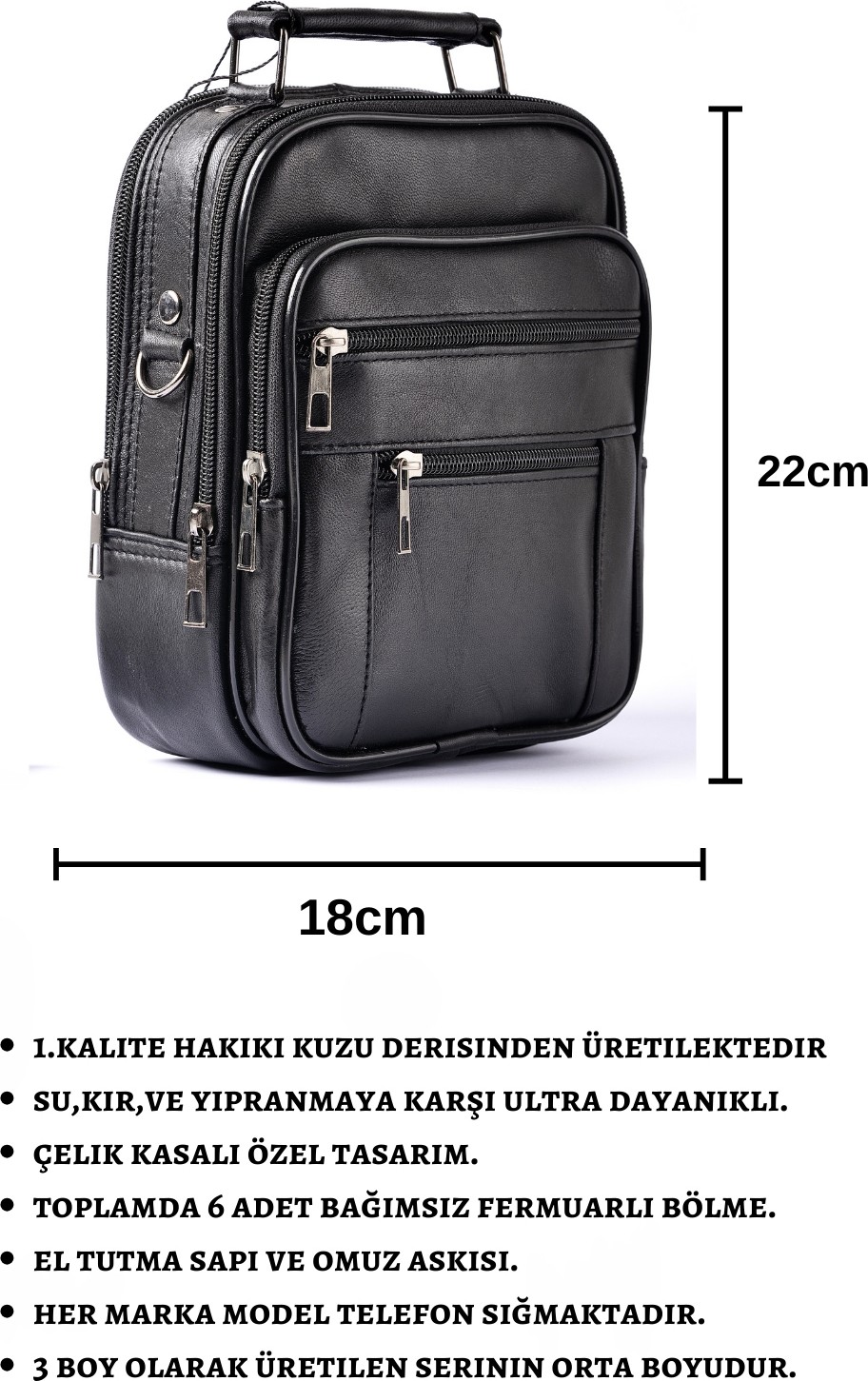 Cüzcan Erkek Siyah Çelik Kasalı Hakiki Deri El ve Omuz Çantası Ayarlanabilir Askılı ( Orta Boy ) görsel 7