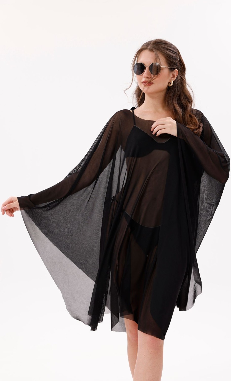 Tarzını Seç Kısa Kimono Pareo - Tesettür Pareo - Esnek Likralı Tül Siyah 180X135 cm görsel 8