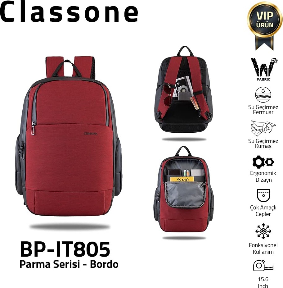 Die Grup Classone BP-IT805 Parma 15.6" Notebook, Laptop Sırt Çantası-Bordo görsel 2