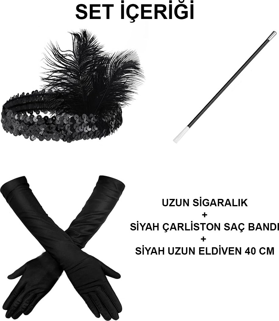 1920&APOS;LER Gatsby Aksesuar Seti, Siyah Charleston Saç Bandı, Uzun Eldiven &amp; Sigaral� görsel 2