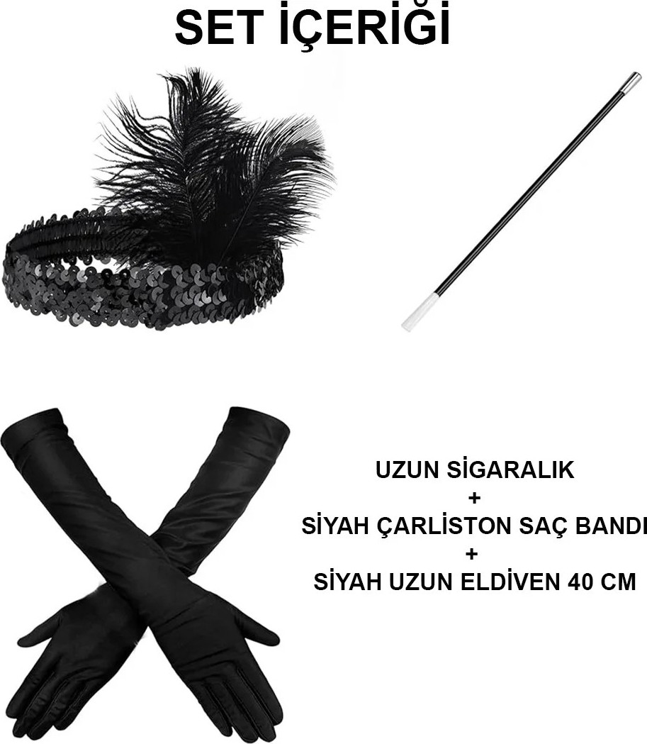 1920'LER Gatsby Aksesuar Seti, Siyah Charleston Saç Bandı, Uzun Eldiven & Sigaralık görsel 2