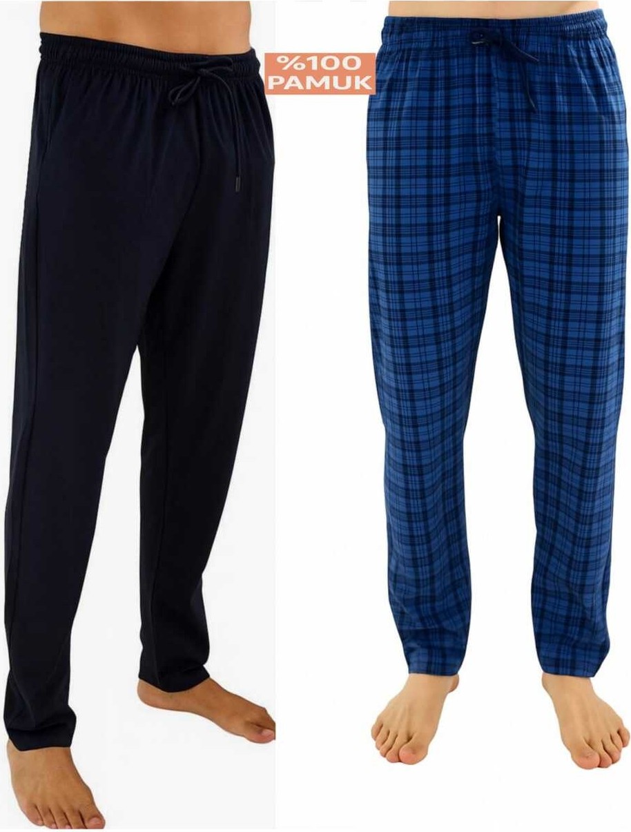 Düven Erkek Pamuklu Antrasit Ekose & Lacivert 2'li Tek Alt Pijama - Mevsimlik Pijama Altı