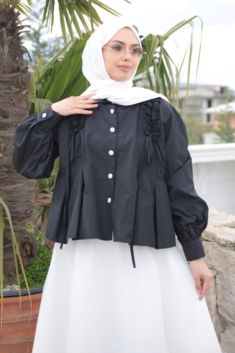 İmaj Butik Siyah Omuz Büzgülü Gömlek