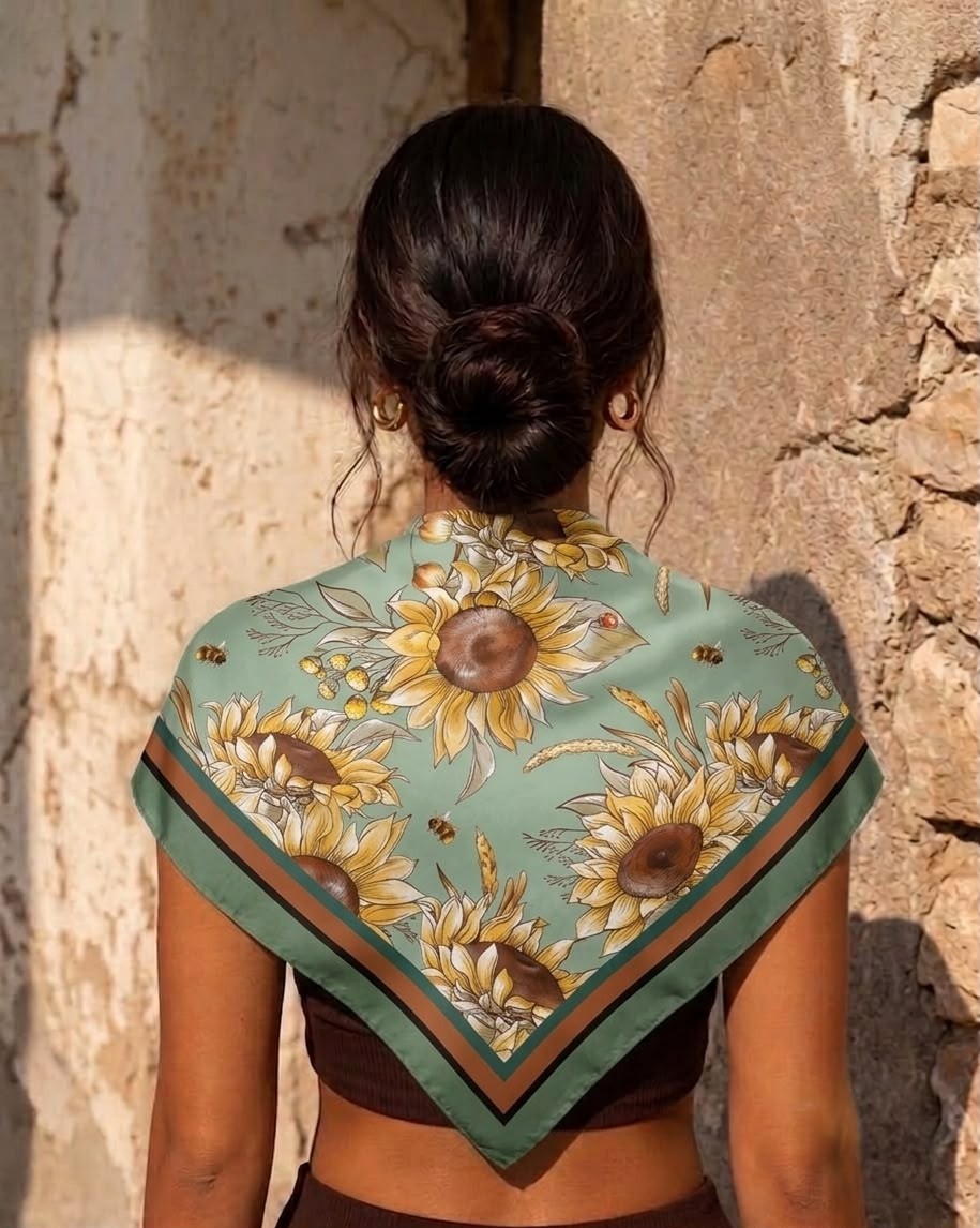 Revam Collection Ayçiçek Desenli Fular Bandana Şal Çok Renkli Saten Pamuk Malzeme ile Günlük Kullanım İçin görsel 4
