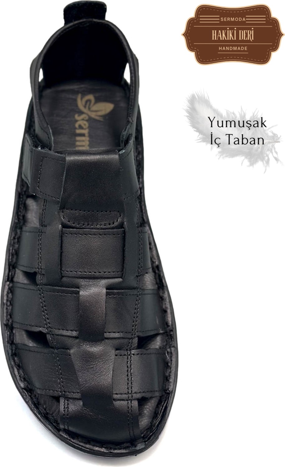 Sermoda Hakiki Deri Burnu Kapalı Erkek Sandalet Siyah görsel 3