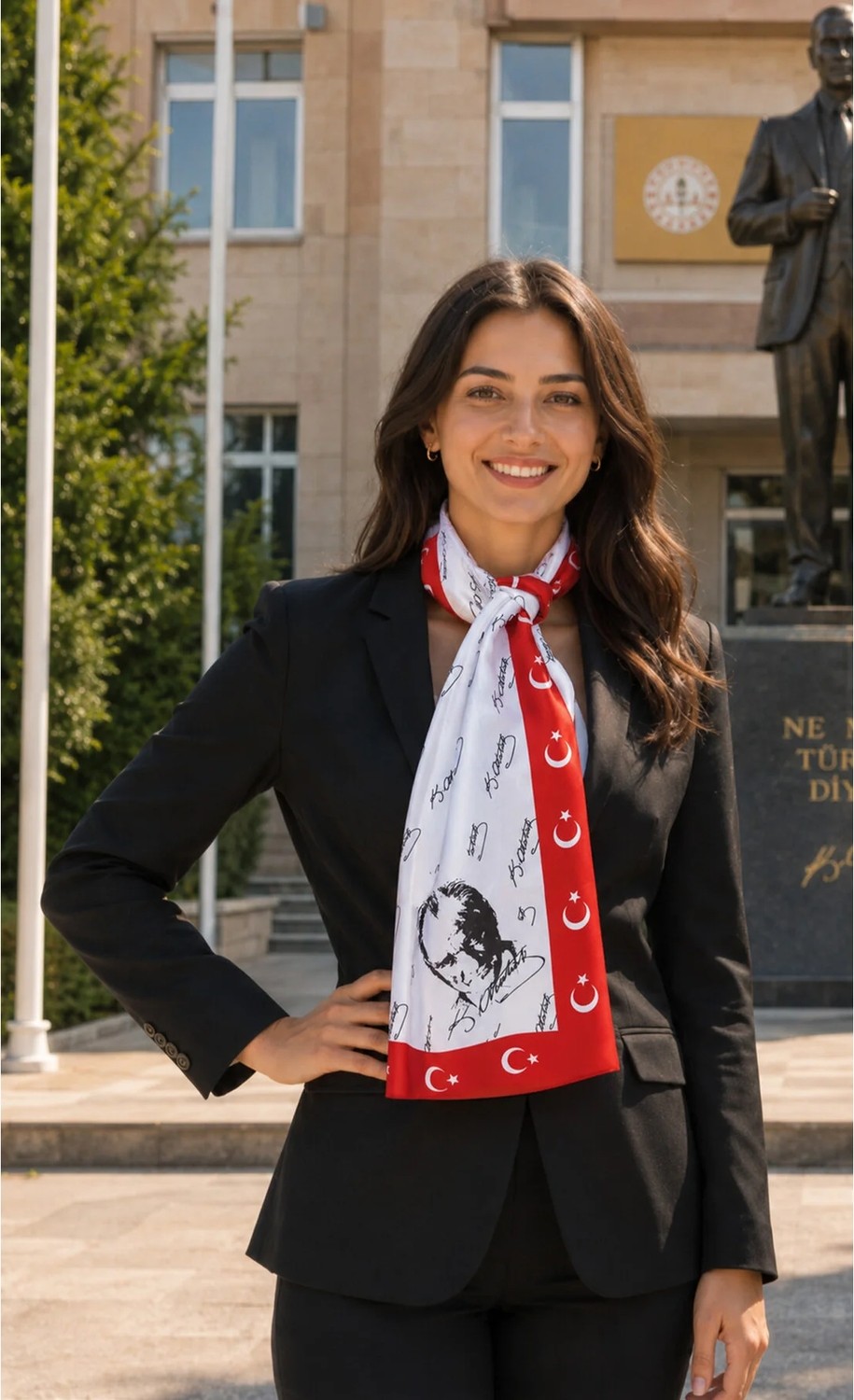 Tarzını Seç Atatürk Fotoğraflı ve Imzalı Türk Bayraklı Kravat / Eşarp / Fular