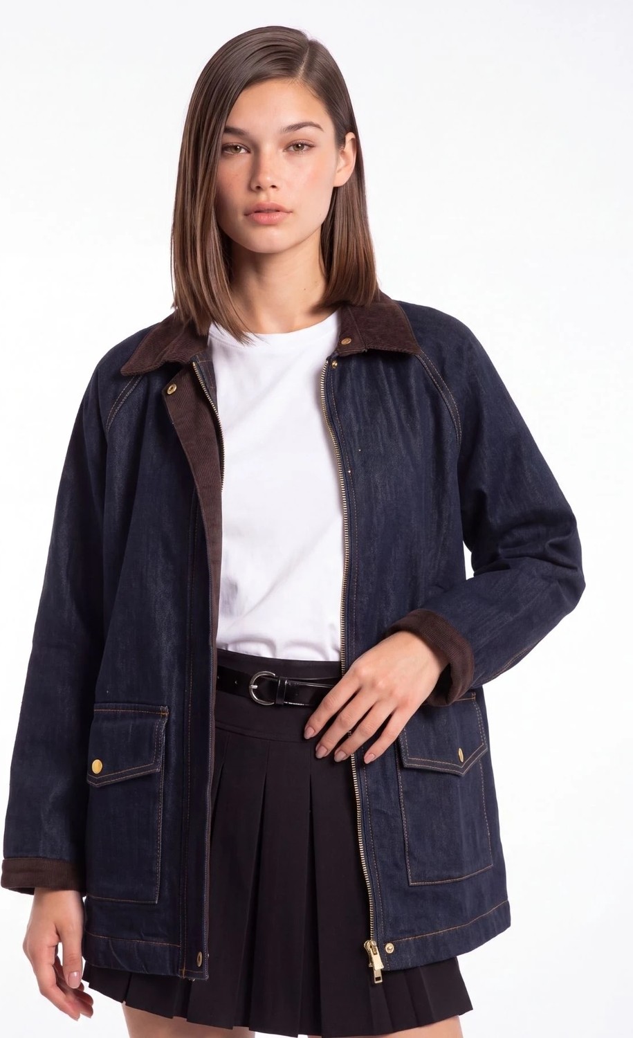 Cemo Kadın Denim Ceket Kadife Yaka Detaylı Fermuarlı Cepli