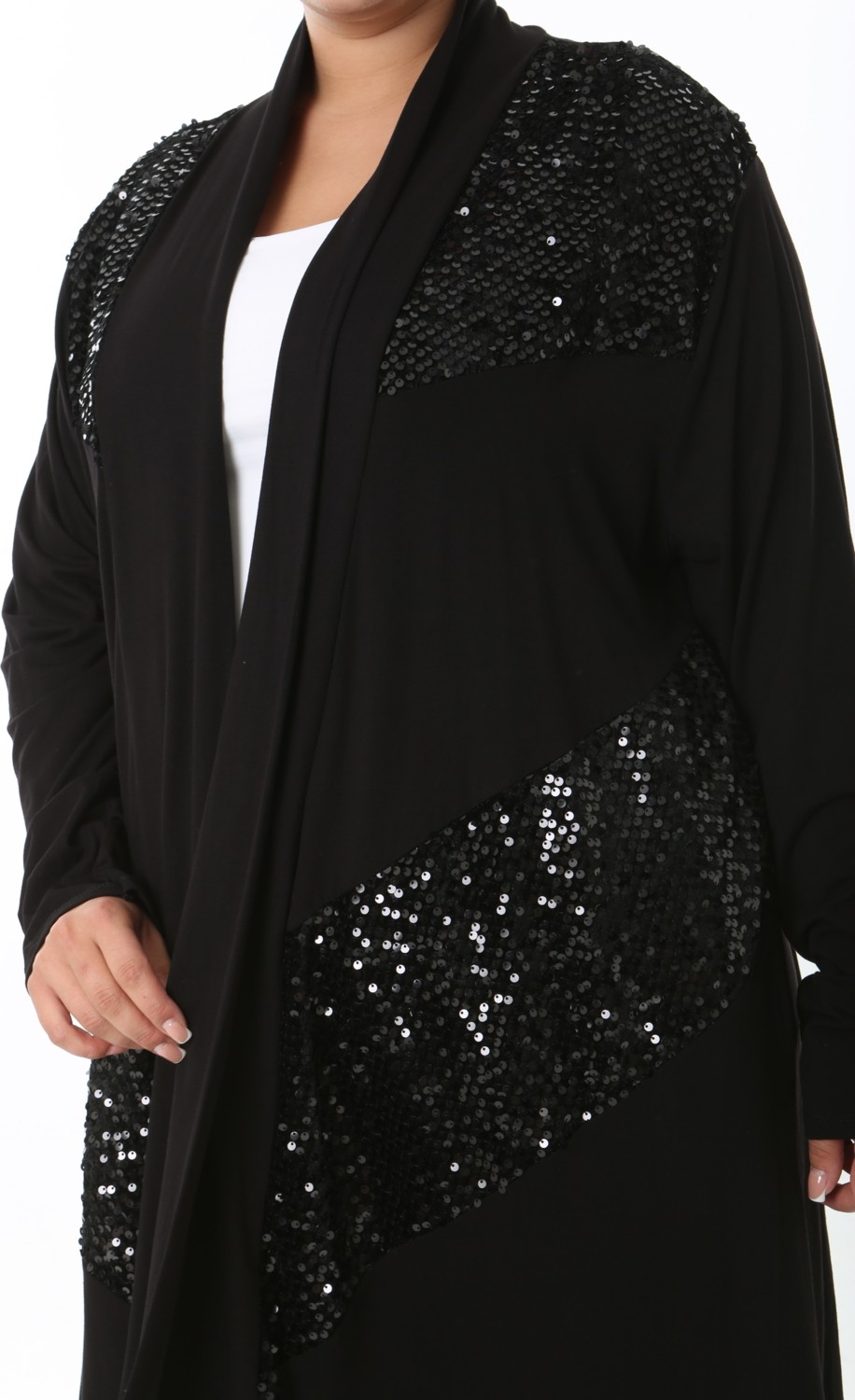 XL Modam Kadın Likralı Viskon Siyah Pul Detaylı Büyük Beden Hırka görsel 3
