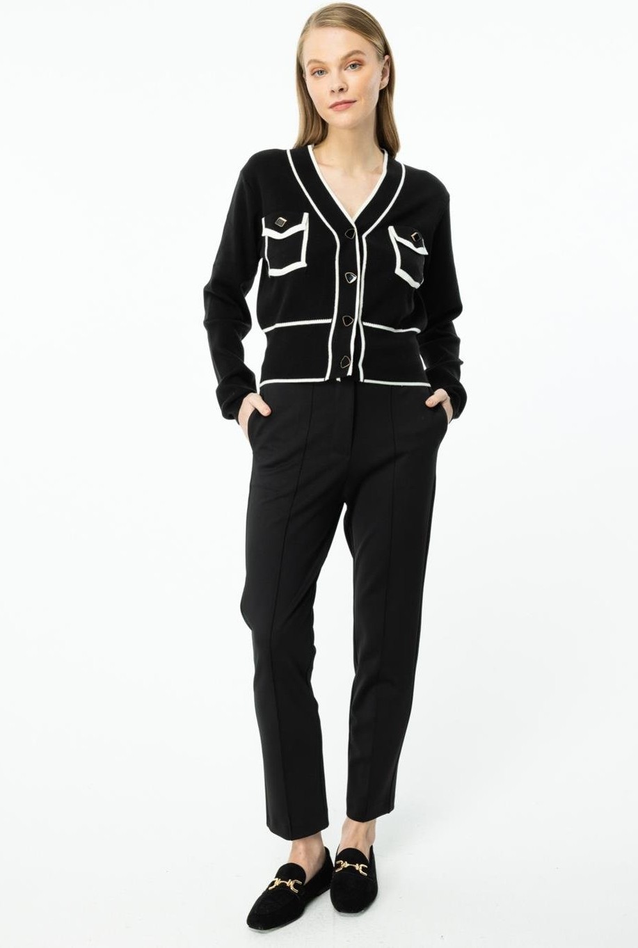 Nazen Giyim Cep Detaylı Siyah Crop Hırka 46933-2K5 görsel 3