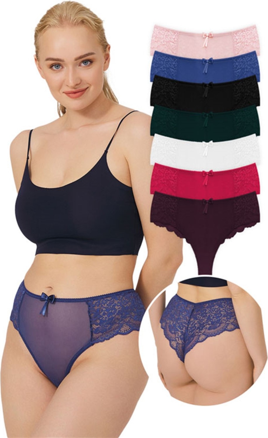 Cottonhill Dantelli Tül Detaylı Büyük Beden Kadın Brezilya 3'lü Paket Külot