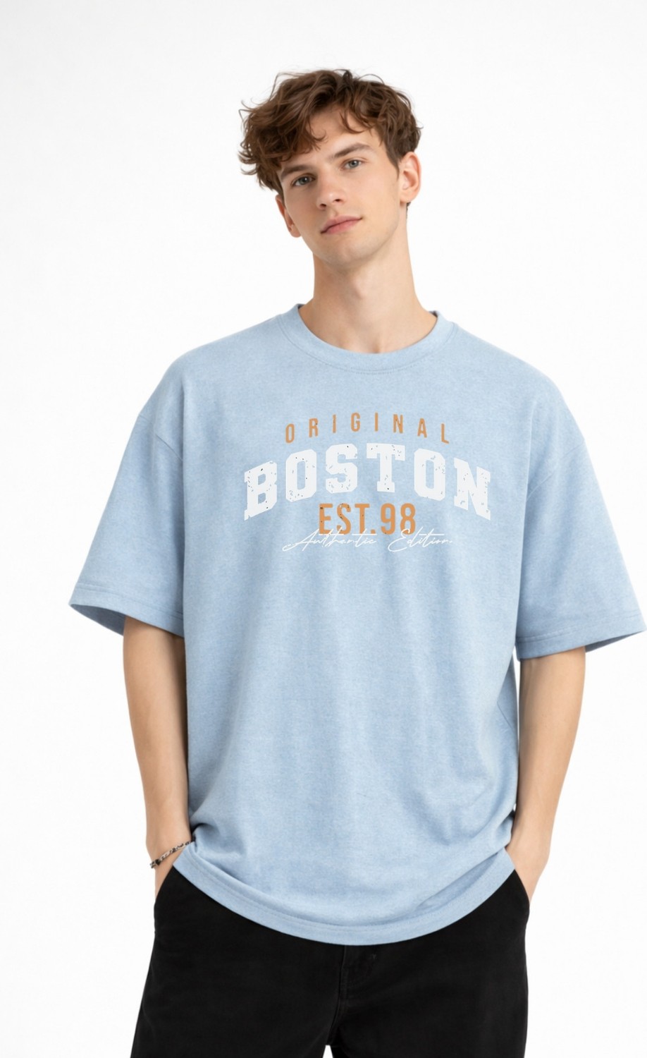 TeknoKapsül Boston - Baskılı Oversize Tişört Açık Mavi