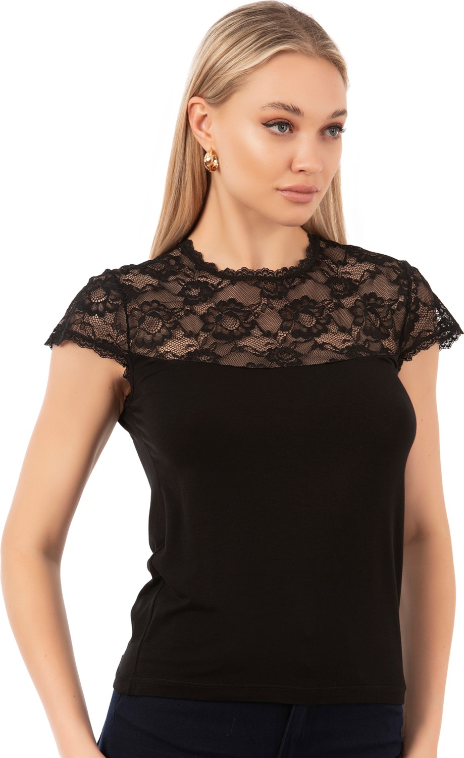 Özkan Underwear Özkan 7371 Kadın Premium Yumuşak Rahat Kumaş Viskon Dantel Detaylı Kısa Kollu Örme Bluz görsel 4