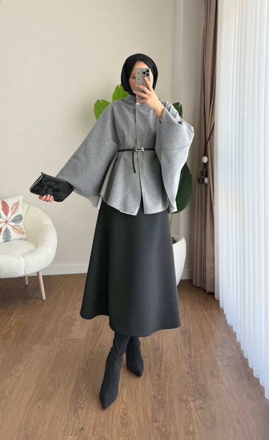 RFK Butik Kadın Oversize Kemerli Kaşe Panço - Gri görsel 2