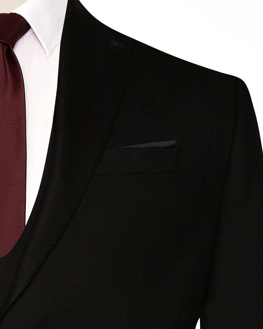 Süvari Slim Fit Siyah Yelekli Düz Takım Elbise 46 Beden Erkek İçin Modern Tasarım görsel 4