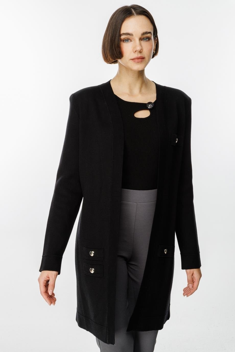 Nazen Giyim Kalpli Zımba Detaylı Ekru Kadın Uzun Hırka 49906-2K5 görsel 5