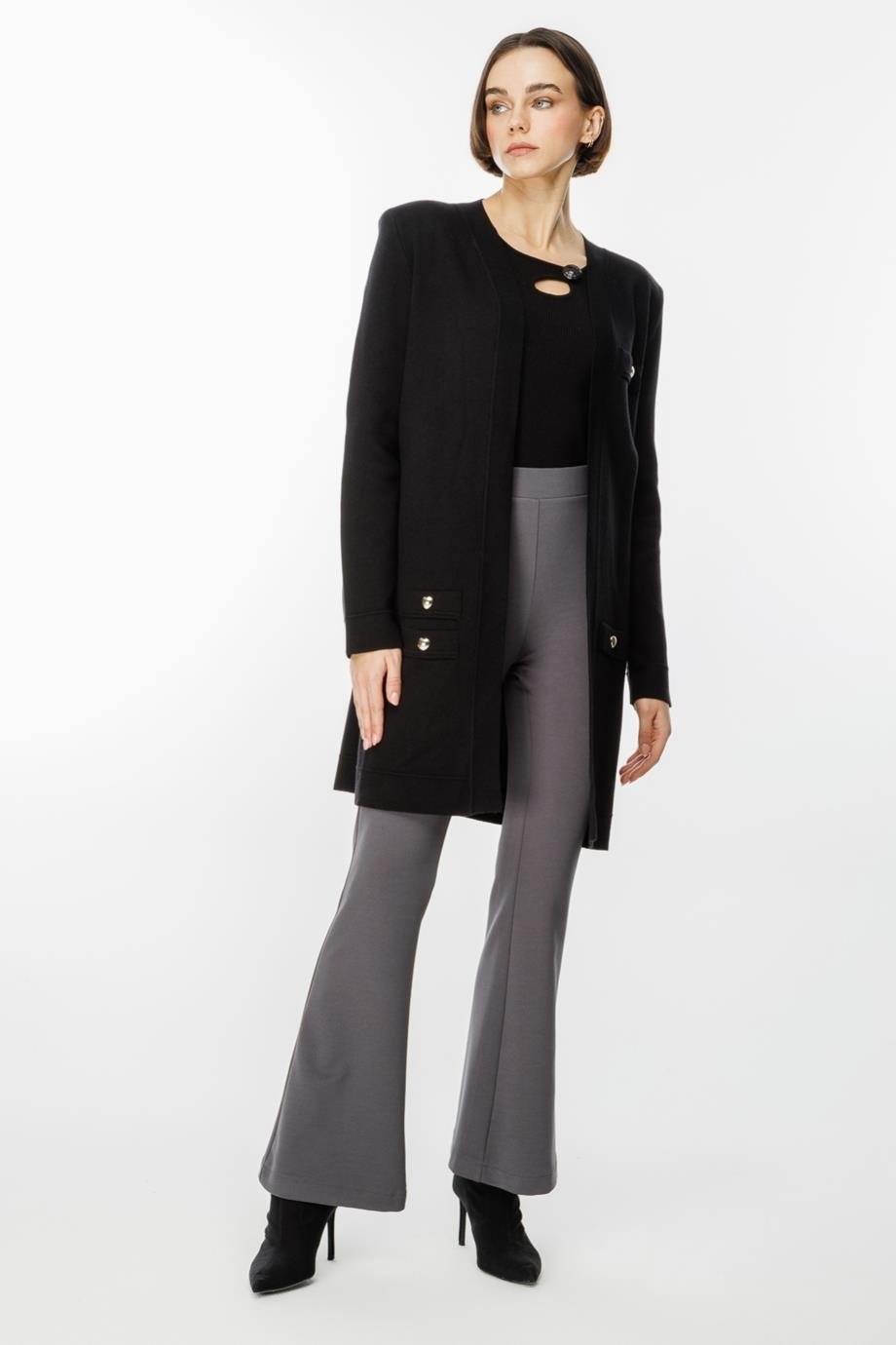 Nazen Giyim Kalpli Zımba Detaylı Ekru Kadın Uzun Hırka 49906-2K5 görsel 8