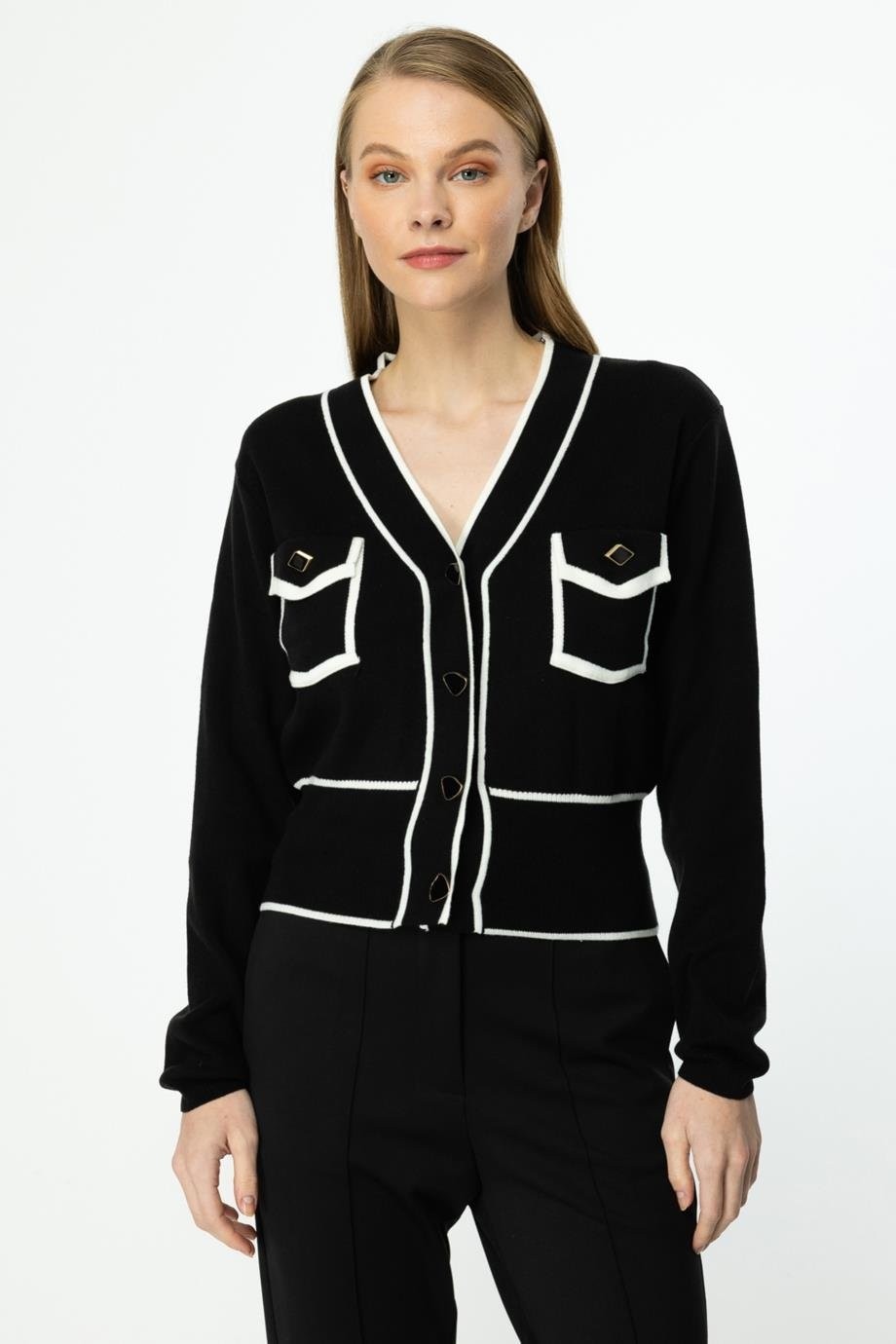 Nazen Giyim Cep Detaylı Siyah Crop Hırka 46933-2K5