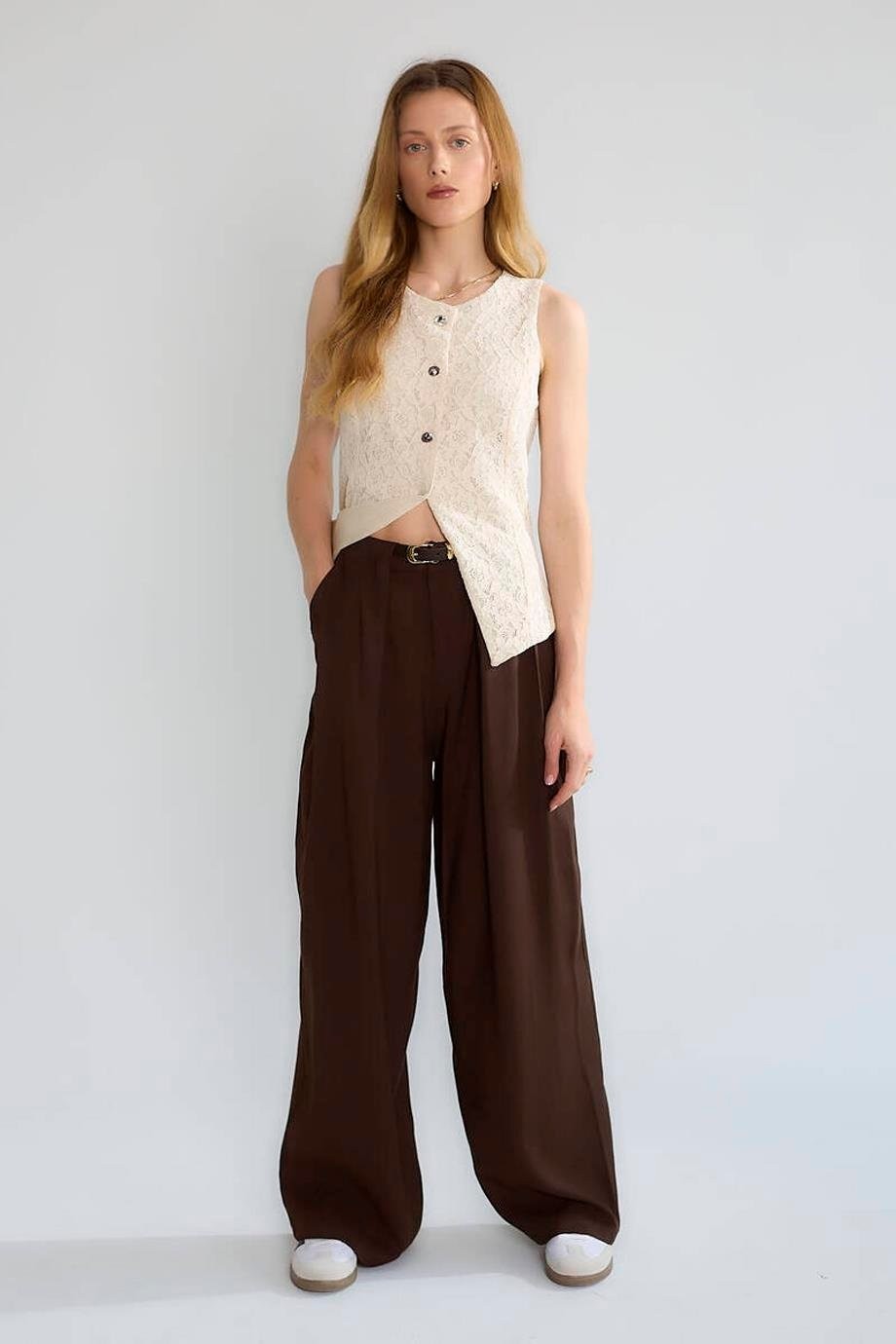 Nazen Giyim Kemerli Geniş Paça Krem Kadın Pantolon D83910-2Y5 görsel 2