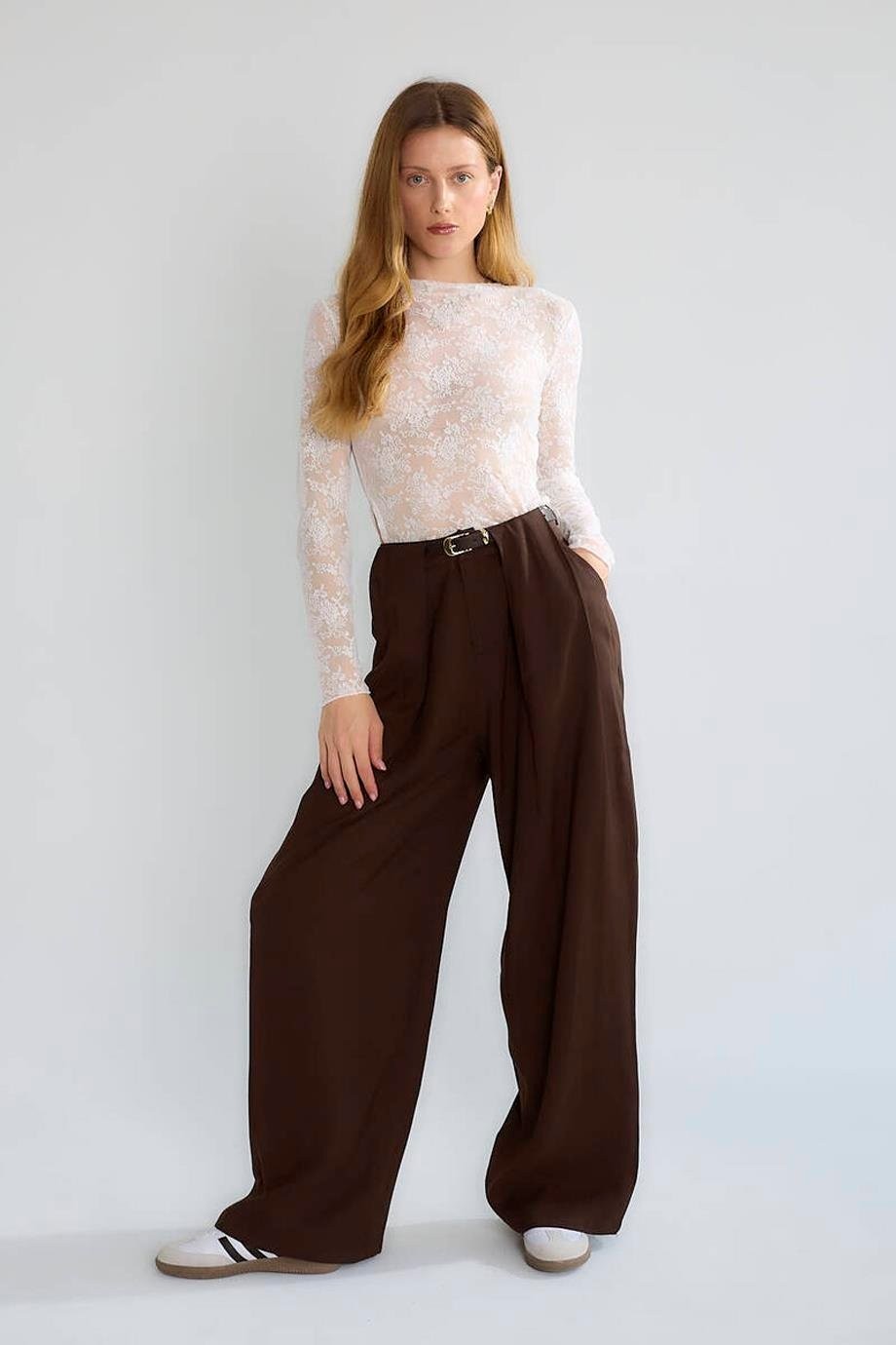 Nazen Giyim Kemerli Geniş Paça Krem Kadın Pantolon D83910-2Y5 görsel 4