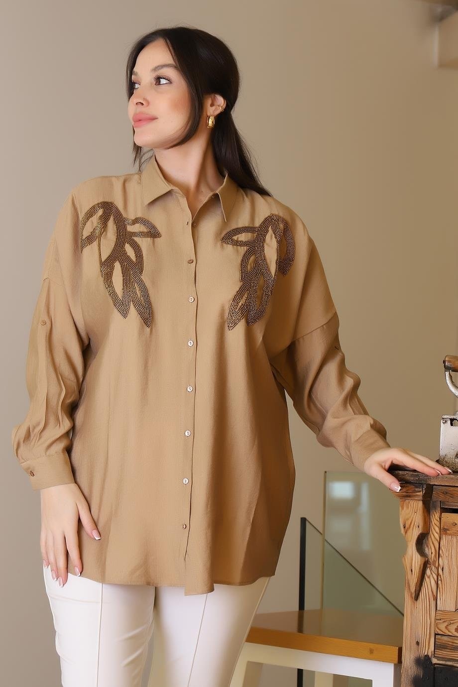 Nazen Giyim Camel Uzun Boncuk Işlemeli Kadın Gömlek 4505-2Y5 görsel 2
