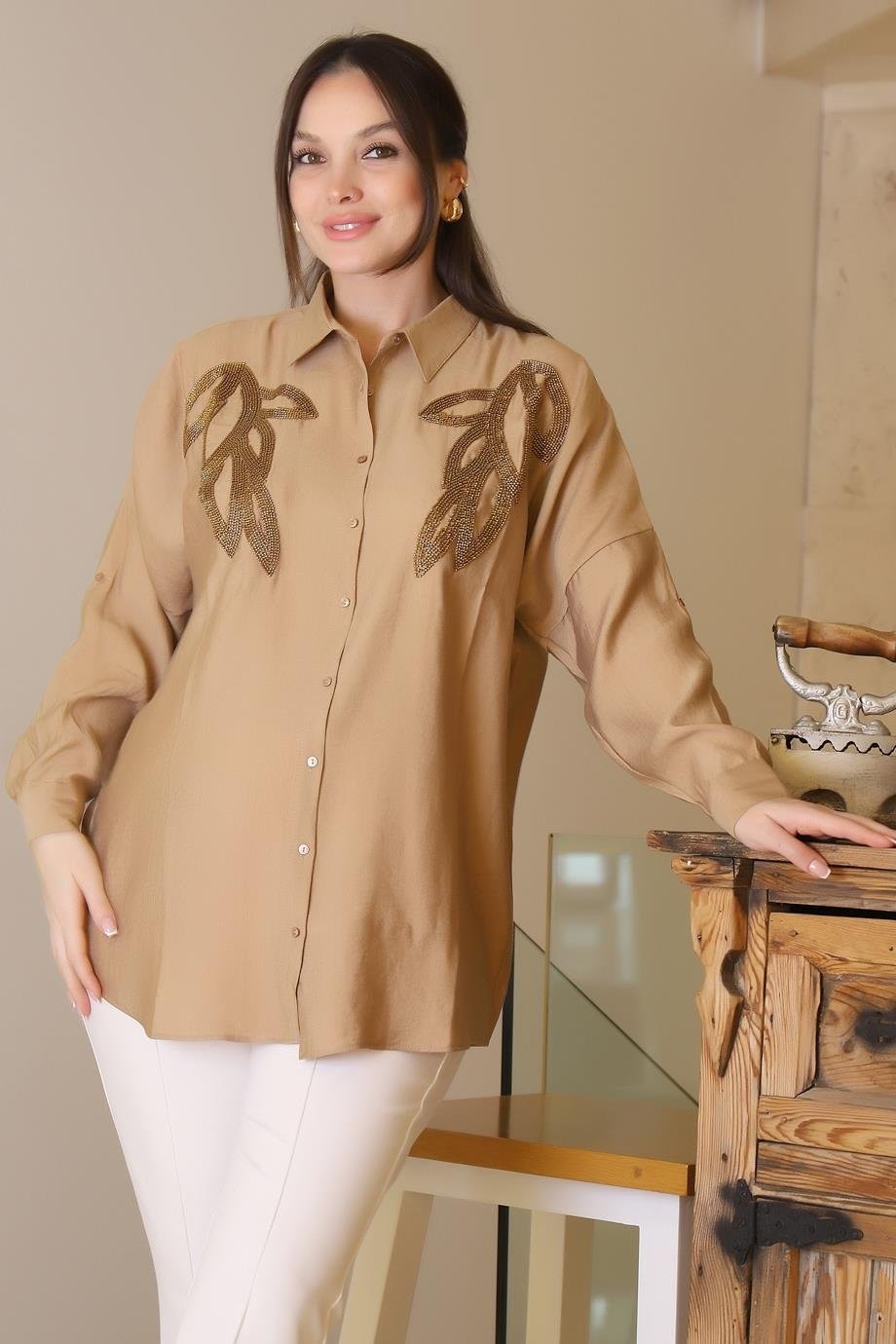 Nazen Giyim Camel Uzun Boncuk Işlemeli Kadın Gömlek 4505-2Y5 görsel 3