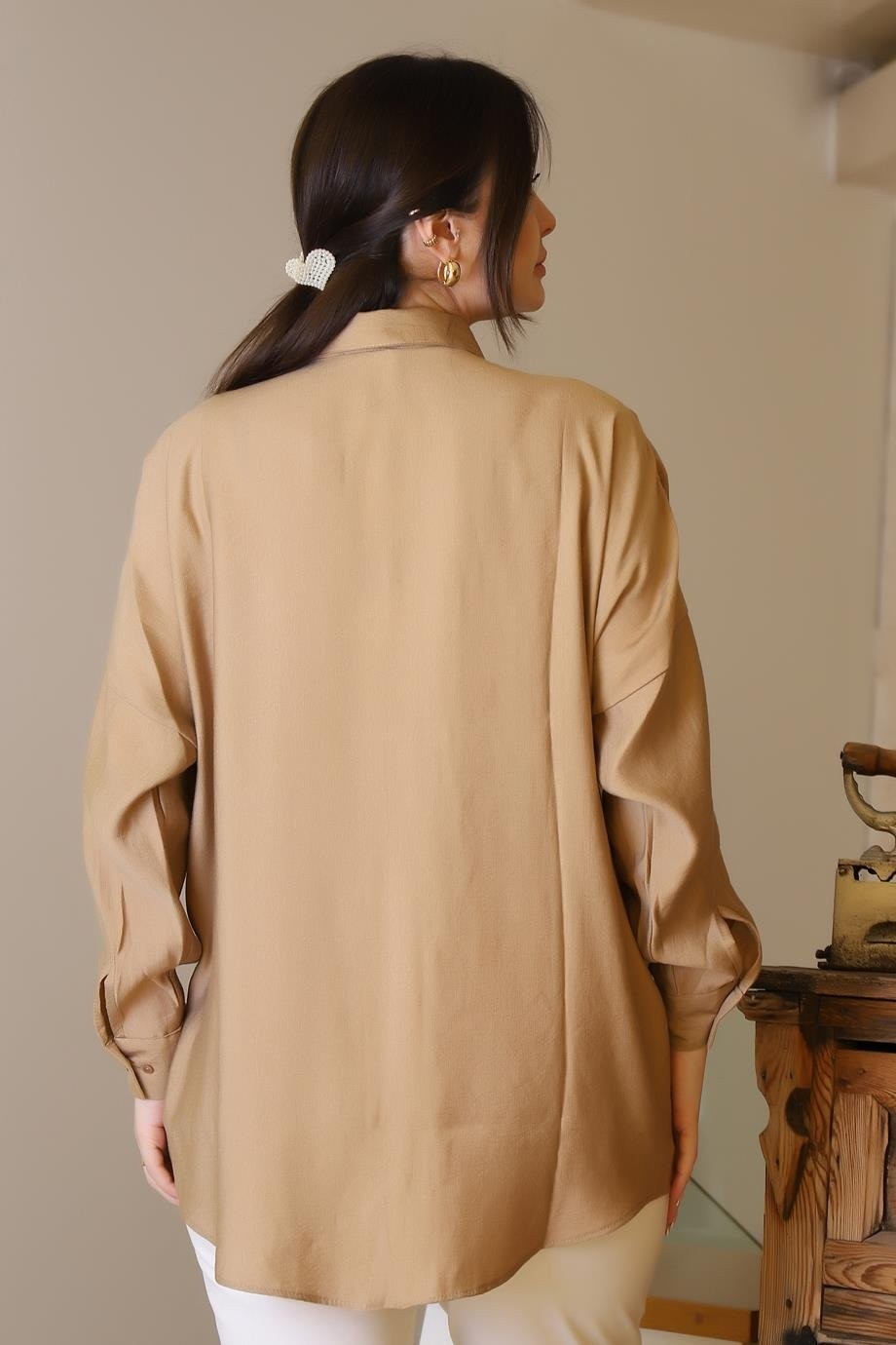 Nazen Giyim Camel Uzun Boncuk Işlemeli Kadın Gömlek 4505-2Y5 görsel 5