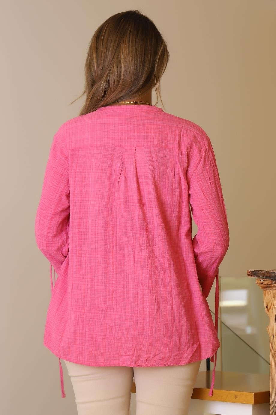 Nazen Giyim Kolları Bağcıklı Fuşya Kadın Gömlek Nisan-2y5 görsel 4