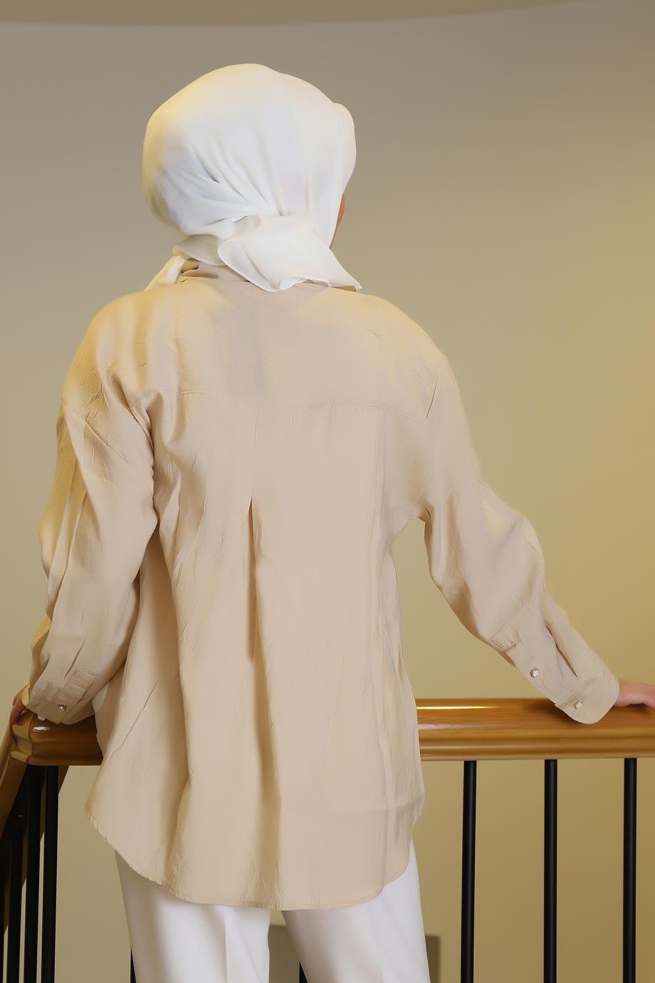 Nazen Giyim Uzun Kollu Beyaz Düğmeli Bej Kadın Gömlek 34476-2Y5 görsel 3