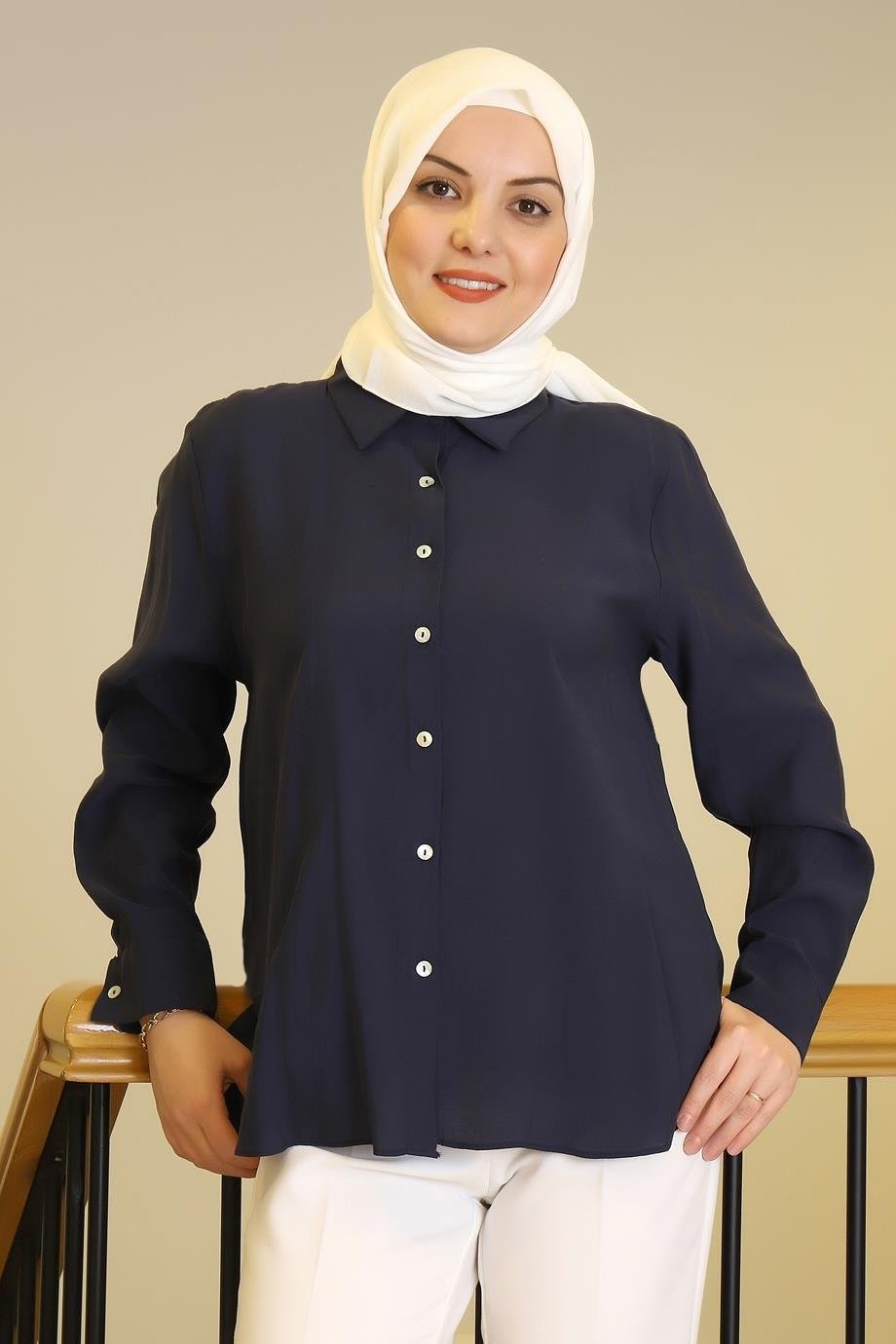 Nazen Giyim Uzun Kollu Navy Kadın Gömlek 32207-2Y5