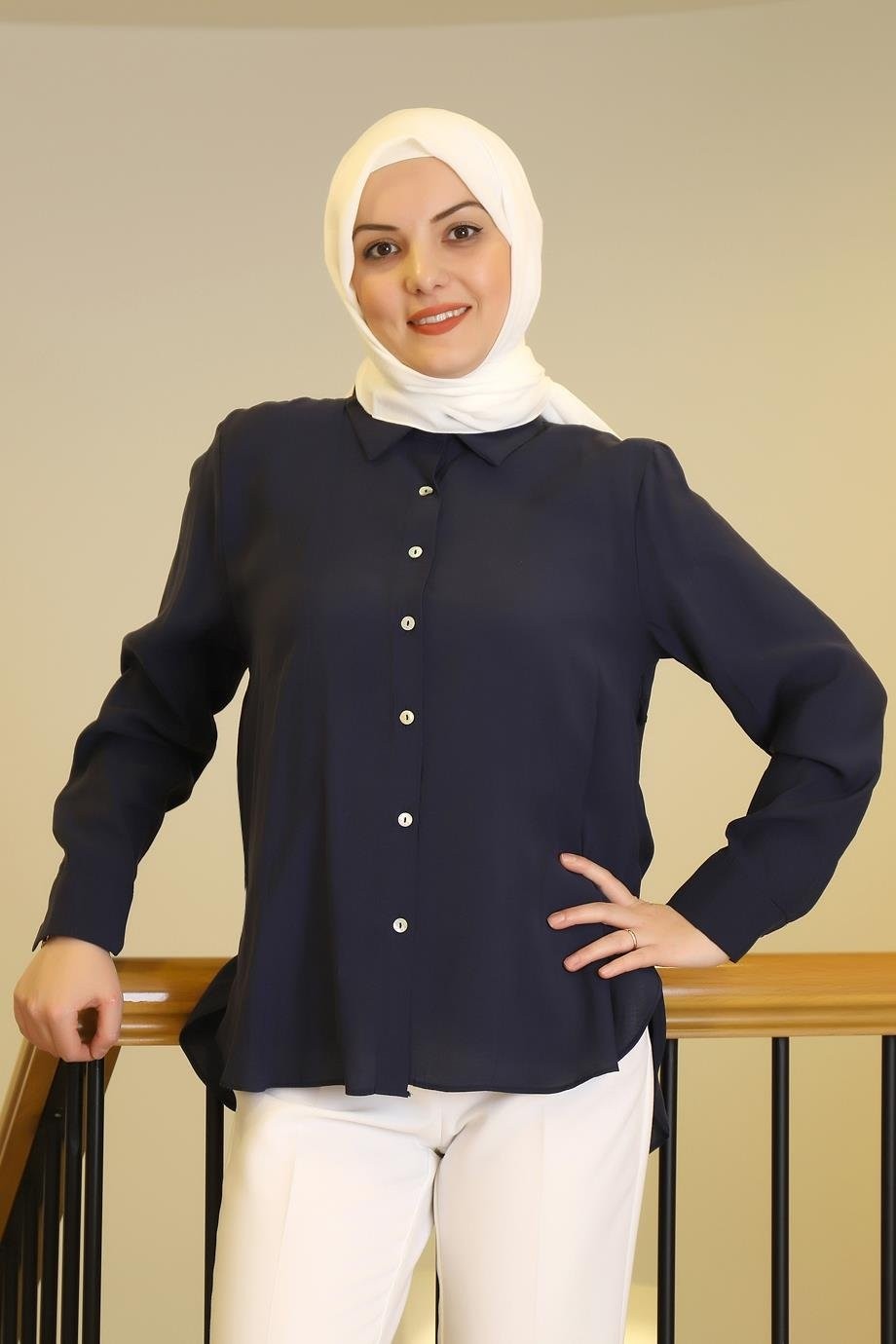 Nazen Giyim Uzun Kollu Navy Kadın Gömlek 32207-2Y5 görsel 2