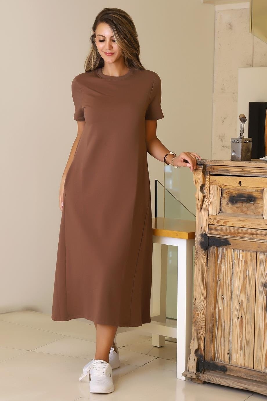 Nazen Giyim Sıfır Yaka Kısa Kollu Kahve Kadın Elbise S0014266-2Y5 görsel 7