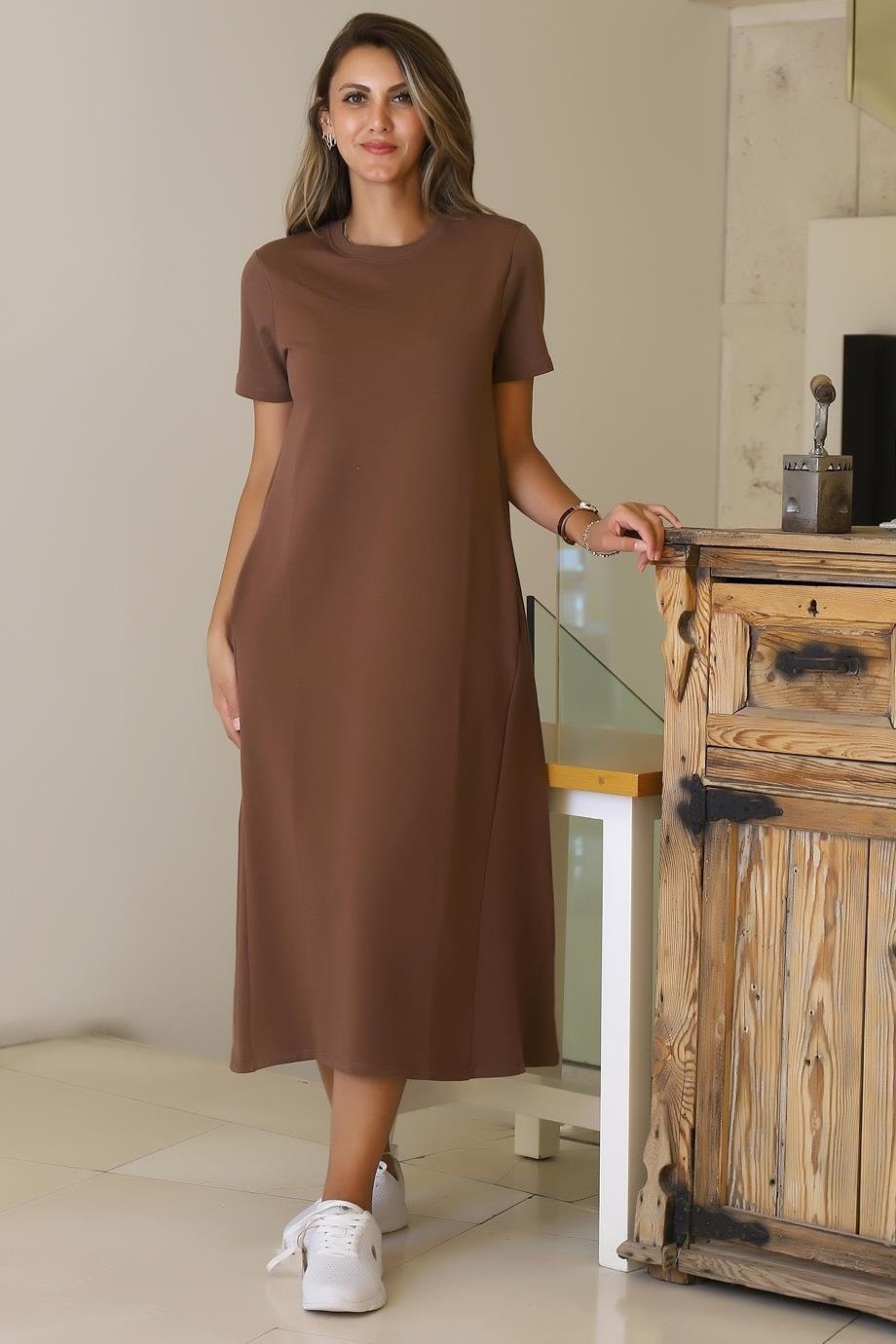 Nazen Giyim Sıfır Yaka Kısa Kollu Kahve Kadın Elbise S0014266-2Y5 görsel 8