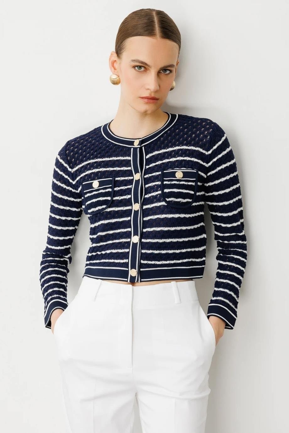 Nazen Giyim Çizgili Crop Krem Kadın Hırka 53901-2Y5 görsel 5