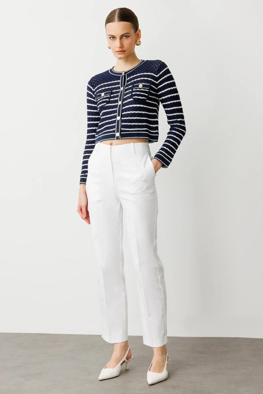 Nazen Giyim Çizgili Crop Krem Kadın Hırka 53901-2Y5 görsel 6
