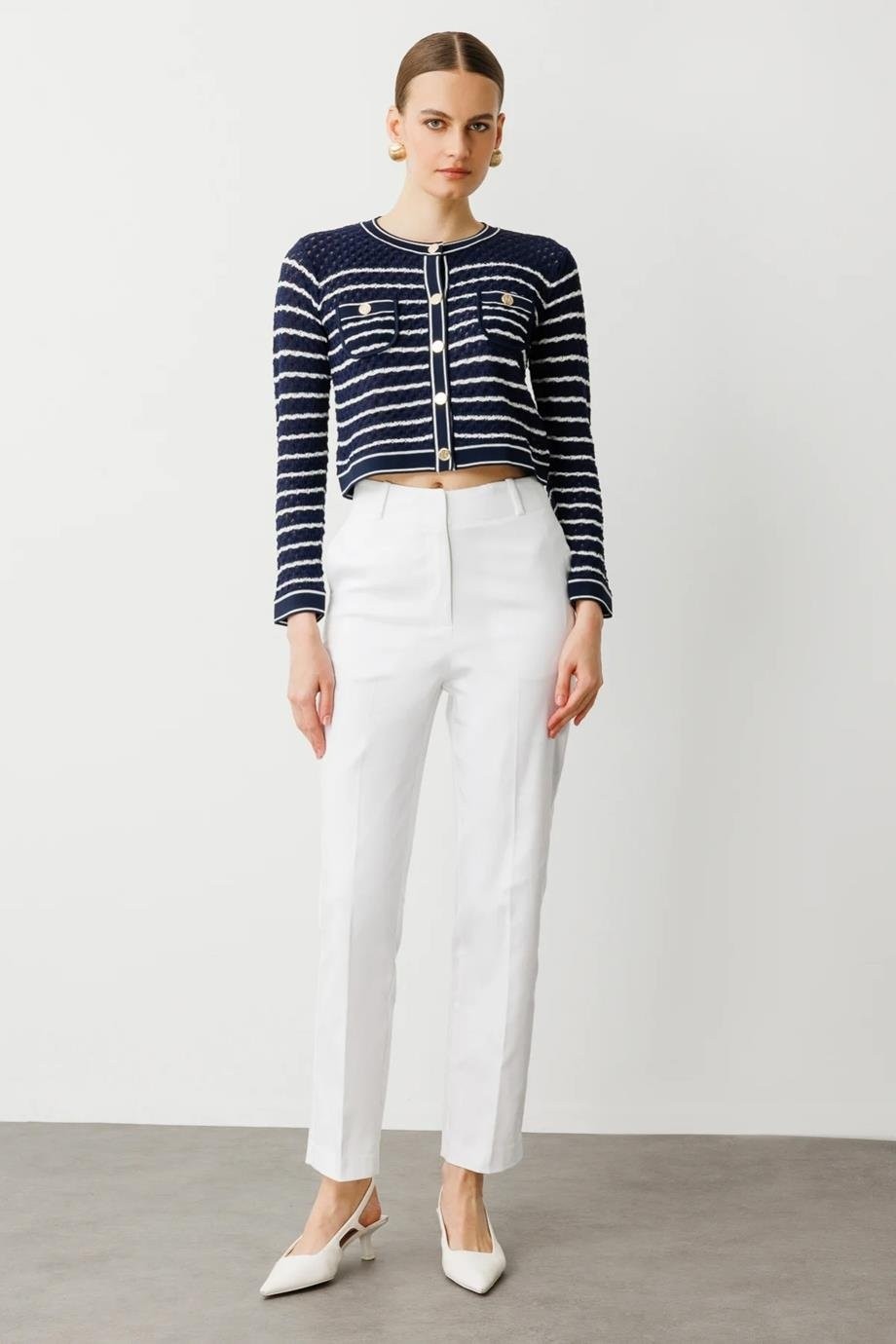 Nazen Giyim Çizgili Crop Krem Kadın Hırka 53901-2Y5 görsel 7