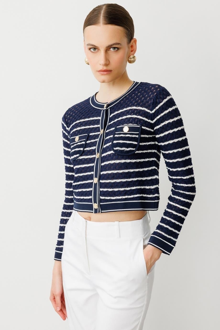 Nazen Giyim Çizgili Crop Krem Kadın Hırka 53901-2Y5 görsel 8