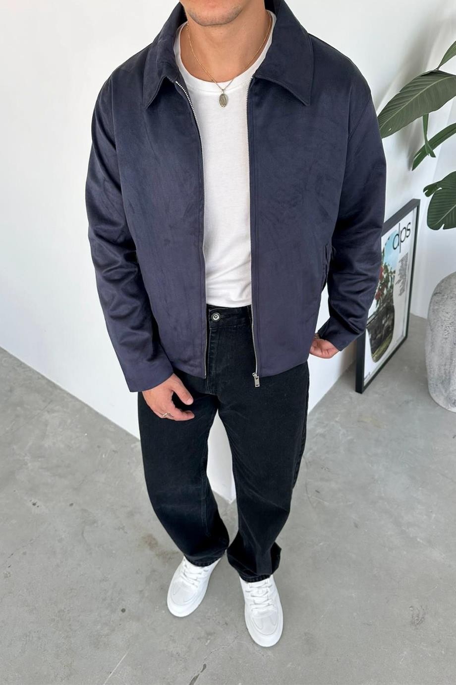 HAFKA Lacivert Süet Kumaş Basic Relaxed Ceket