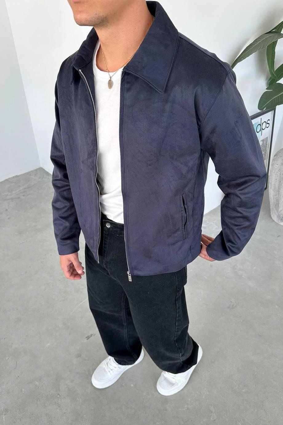 HAFKA Lacivert Süet Kumaş Basic Relaxed Ceket görsel 2