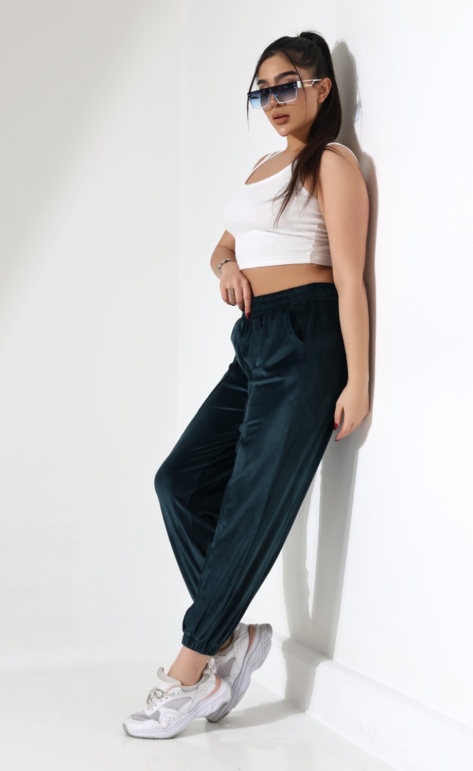 Win Moda WİNMODA Kadın 2XL Battal Kadife Paçalı Eşofman Altı Lastikli Paça Petrol Yeşili Yumuşak Örme Kumaş görsel 4
