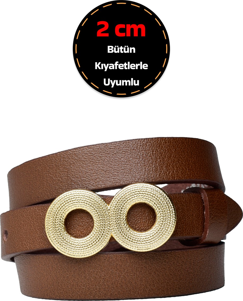 GoDeri %100 Hakiki Deri, Gold Renk Tokalı 2 cm Koyu Kahverengi Kadın Kemeri; Elbise, Pantolon Kemeri_gözov