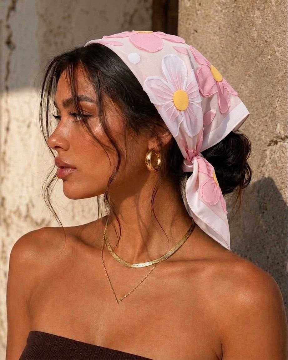 Revam Collection Kadın Pudra Pembe Çiçek Desenli Fular Bandana Şal Saten Pamuk Malzeme ile Günlük Kullanım İçin