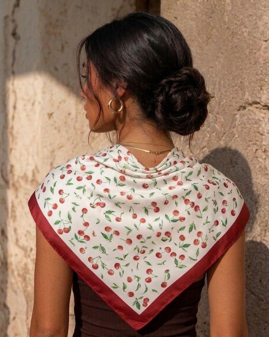 Revam Collection Kiraz Desenli Fular 70 x 70 cm Pamuk-Polyester Kırmızı Renkli Günlük Kullanım İçin görsel 3